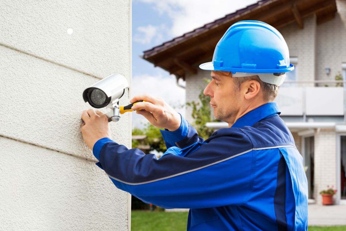 A worker in a blue uniform and helmet installs a security camera on a textured wall near a residential area with a garden.