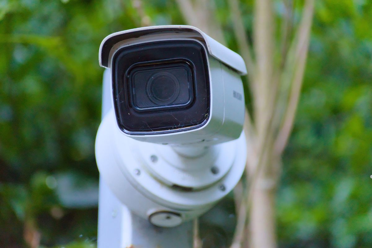 Close-up of a white security camera mounted on a post, surrounded by blurred greenery in the background.